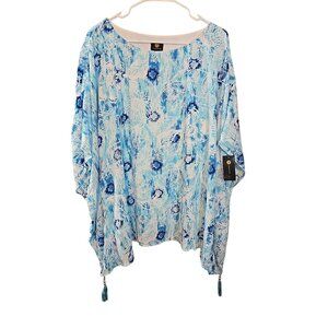 JM‎ Collection Size 2X Tunic Top fully lined blue white tassels poncho style New